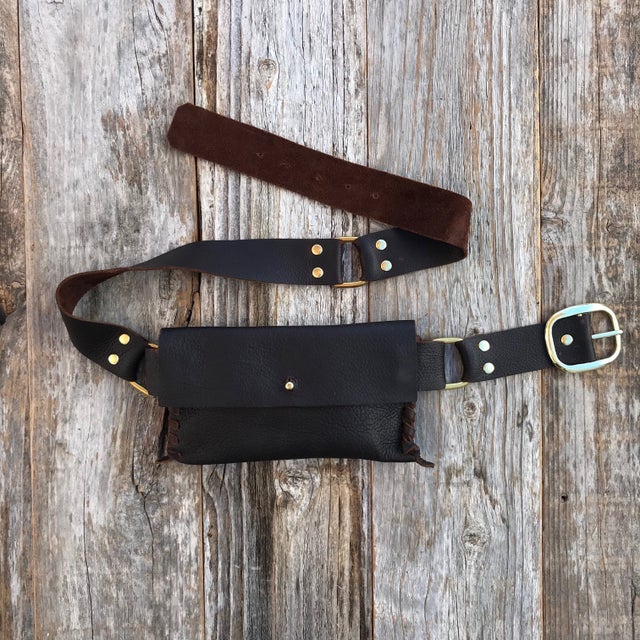Brown leather and brass hip belt with adjustable strap. Wide Brown Braided Belt, Brass Double Buckle, Y2K 90s  main image 2